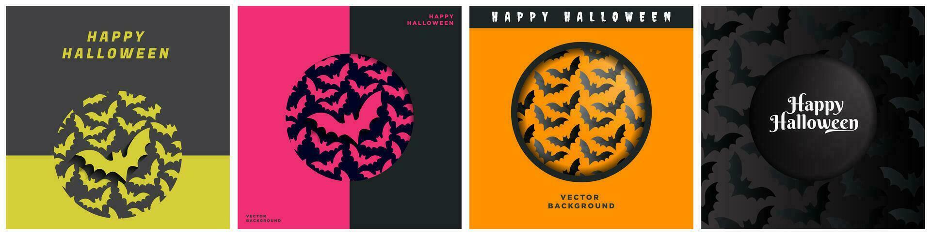 Set of Geometric Halloween Bat themed cover album card templates in dark and orange colors, card poster layouts for Halloween. Bat patterned designs.  Vector Illustrations.