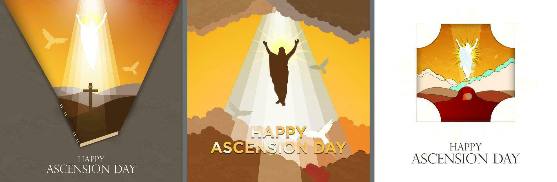 Happy Ascension Day Concept Set. Vector Illustration of The Ascension Day of Jesus Christ. Jesus Silhouette rising to heaven. Nazareth and jesus coming from bible. Jesus resurrected from tomb.