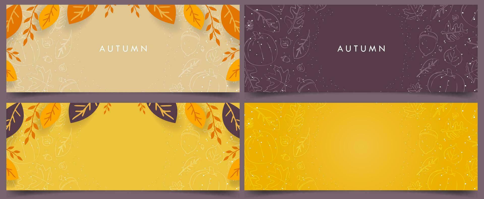 Set of Autumn-themed Banner and Cover Templates with hand drawn autumn elements leaves, maple, acorn, pumpkin. Vector Illustration. EPS 10.