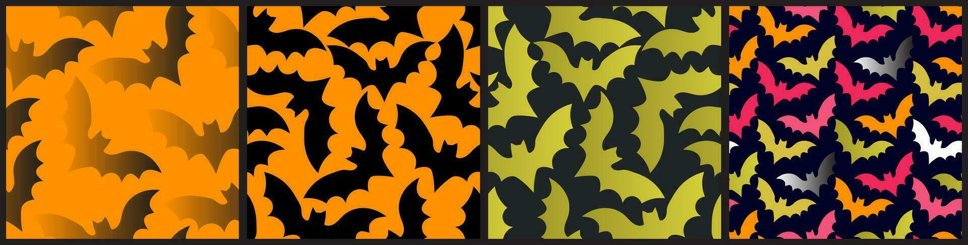 Set of 4 Seamless flying bats pattern, repeatable bat patterns. Black Gradient bats, colorful and bright. Perfect for horror-themed background designs, Halloween wallpapers. Vector Illustration.