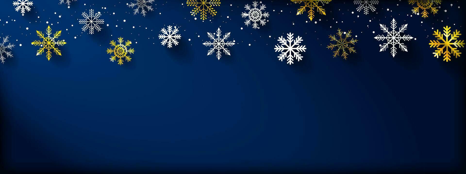 Beautiful Winter Banner with 3d white and gold snowflakes on dark blue background and natural spotlight from corner. Dark Blue Christmas Header with copy space. Vector Illustration. EPS 10.