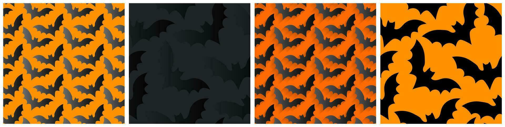 4 Seamless patterns of black and gradient flying bats with shadows for perspective on orange and black backgrounds. Black bats on dark. Colorful Halloween pattern collection. Vector Illustration.