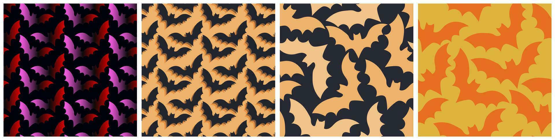 Set of Colorful and Seamless Flying Bats Halloween Pattern backgrounds. Gradient, orange, red, and blue colors. Halloween bat pattern, repeating. Vector Illustration. EPS 10.