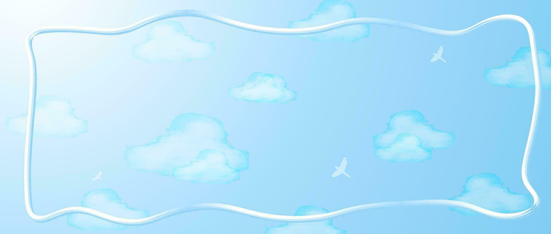 Watercolor sky banner with white and blue ribbon. Painted fluffy clouds on heaven backdrop. Vector Art. EPS 10.