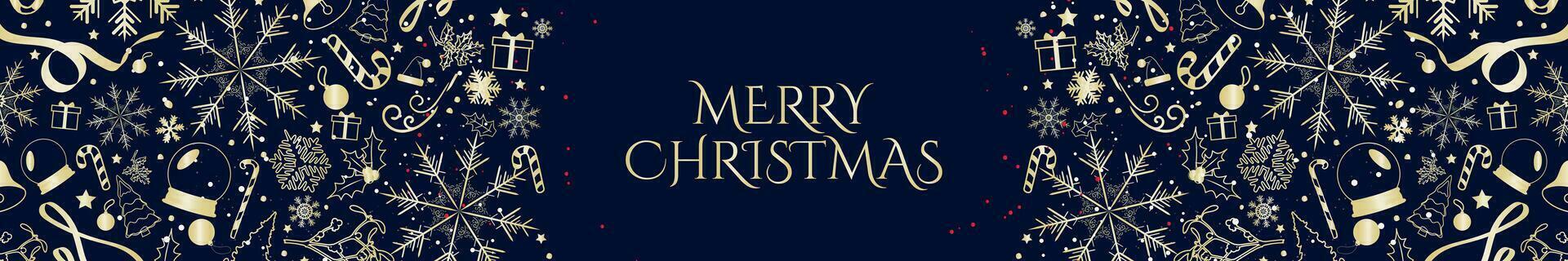 Golden Christmas Header Template on blue background. Decorative and elegant Christmas Horizontal Banner with gold xmas designs and icons. Merry Christmas. Vector Illustration. EPS 10.