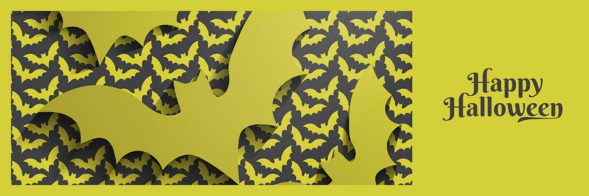minimalista contento Víspera de Todos los Santos concepto bandera con amarillo naranja volador murciélago siluetas con sombra y murciélago patrones en carbón gris fondo, lado bar para Copiar espacio y texto. vector ilustración.