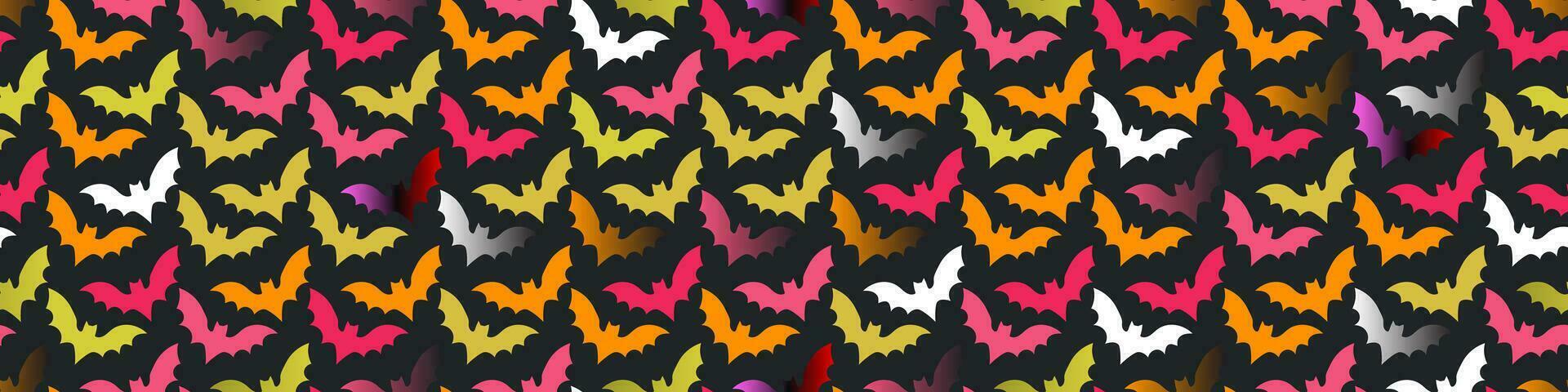 Horizontal Banner of Colorful Flying Bats Pattern on dark background. Seamless and repeating flying bats wallpaper. Vector Illustration. Perfect for greeting banners, invitations, announcements, etc.