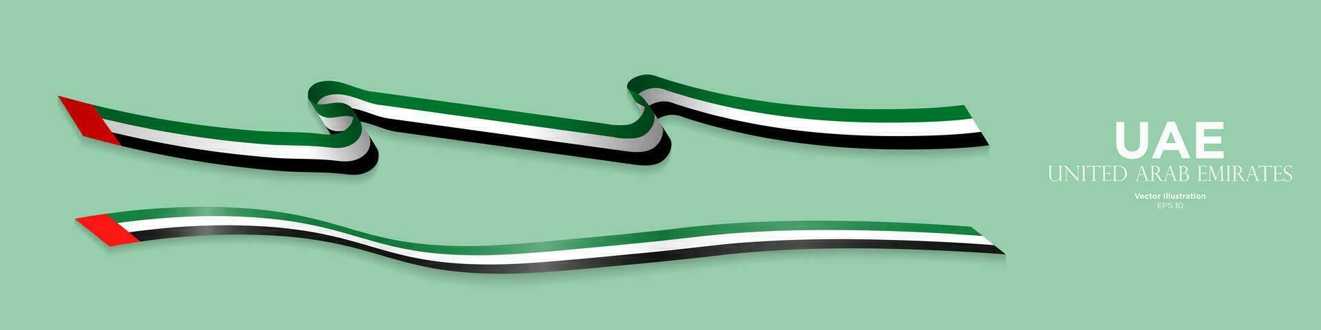 3d Rendered United Arab Emirates Flag Ribbons with shadows, isolated on white background. UAE Shiny Flag ribbons. Curled and rendered in perspective. Graphic Resource. Editable Vector Illustration.