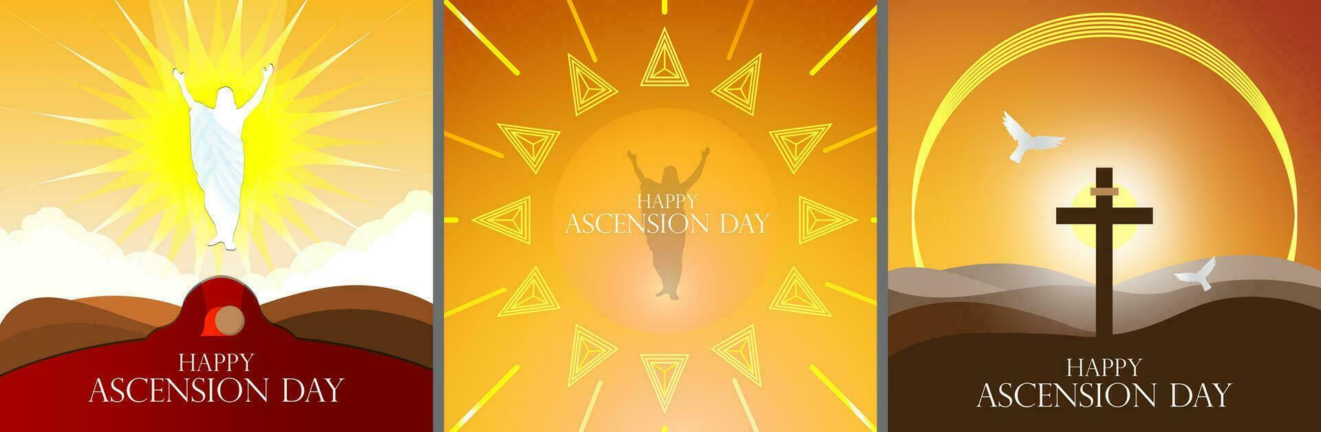 Happy Ascension Day Concept Set. Vector Illustration of The Ascension Day of Jesus Christ. Jesus Silhouette rising to heaven. Jesus resurrected from tomb. Sunset and warm tone. EPS 10. Square format