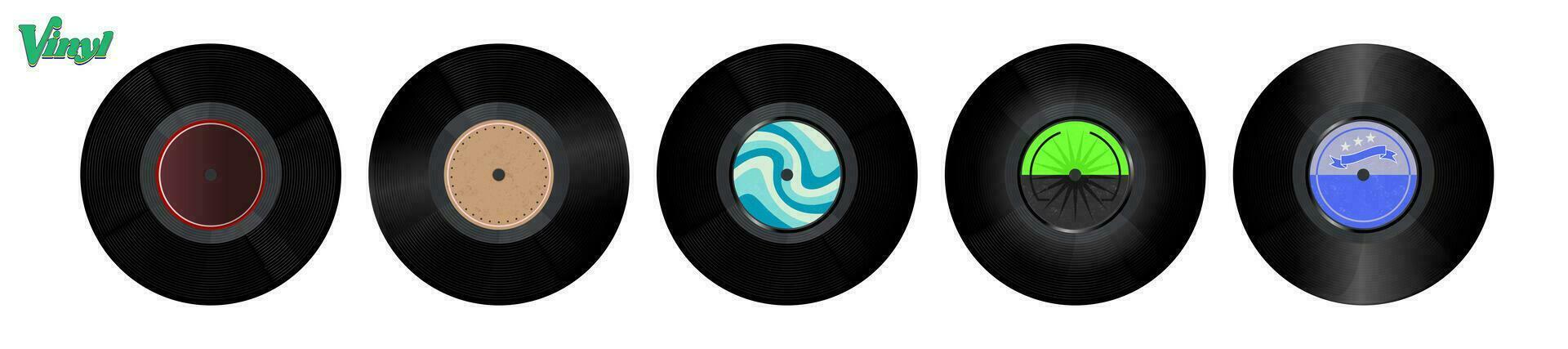 Set of Colorful Vinyl Record Vector Artworks with empty labels for text. Editable Vector Illustration. EPS 10.
