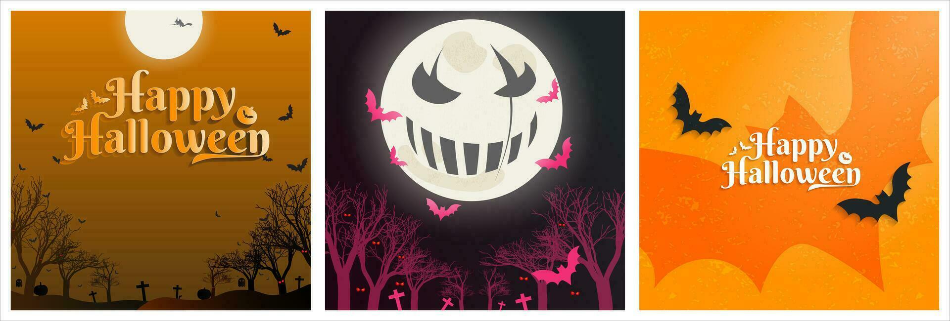 Set of Happy Halloween Greeting Cards. Smiling Full moon above creepy forest cemetery. Scary sunset. Simple Bat silhouette on orange background. Editable Vector Illustration.