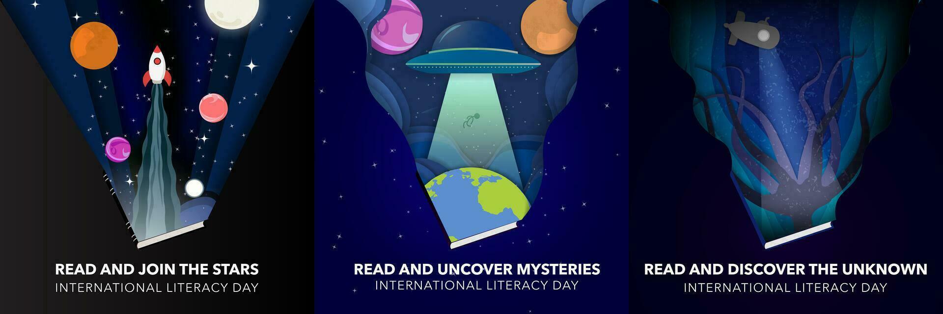 International Literacy Day Artwork Set. Fantasy elements coming out from a book cover. Rocketship into space, UFO abducting a human, submarine under sea discovering a monster. Vector Art. EPS 10.