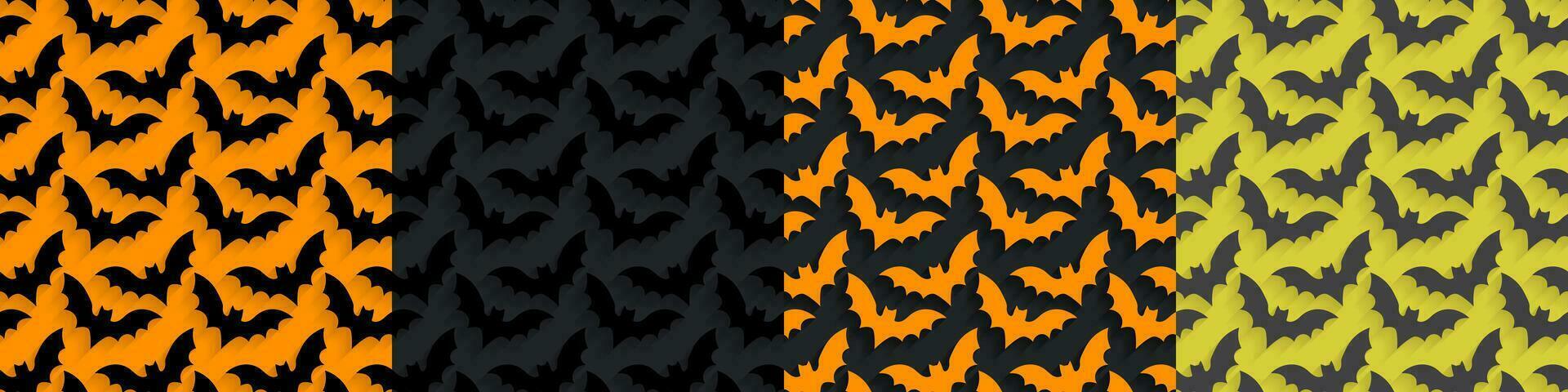 4 Seamless pattern of pop up cartoon flying bats with shadows for perspective on orange, orange yellow, gray, and black backgrounds. Colorful Halloween pattern collection. Vector Illustration. EPS 10.