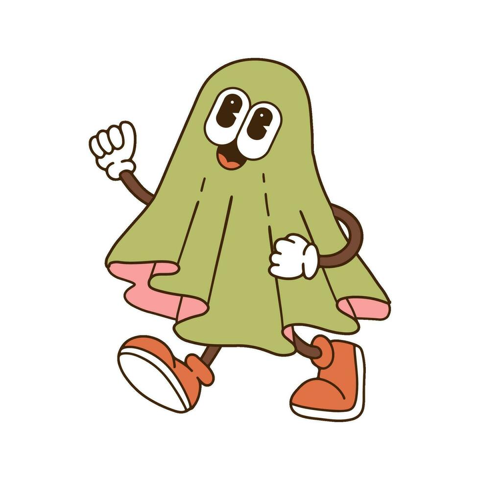 maravilloso fantasma gracioso Víspera de Todos los Santos caracteres. caminando retro dibujos animados mascota. contorno mano dibujado vector ilustración.