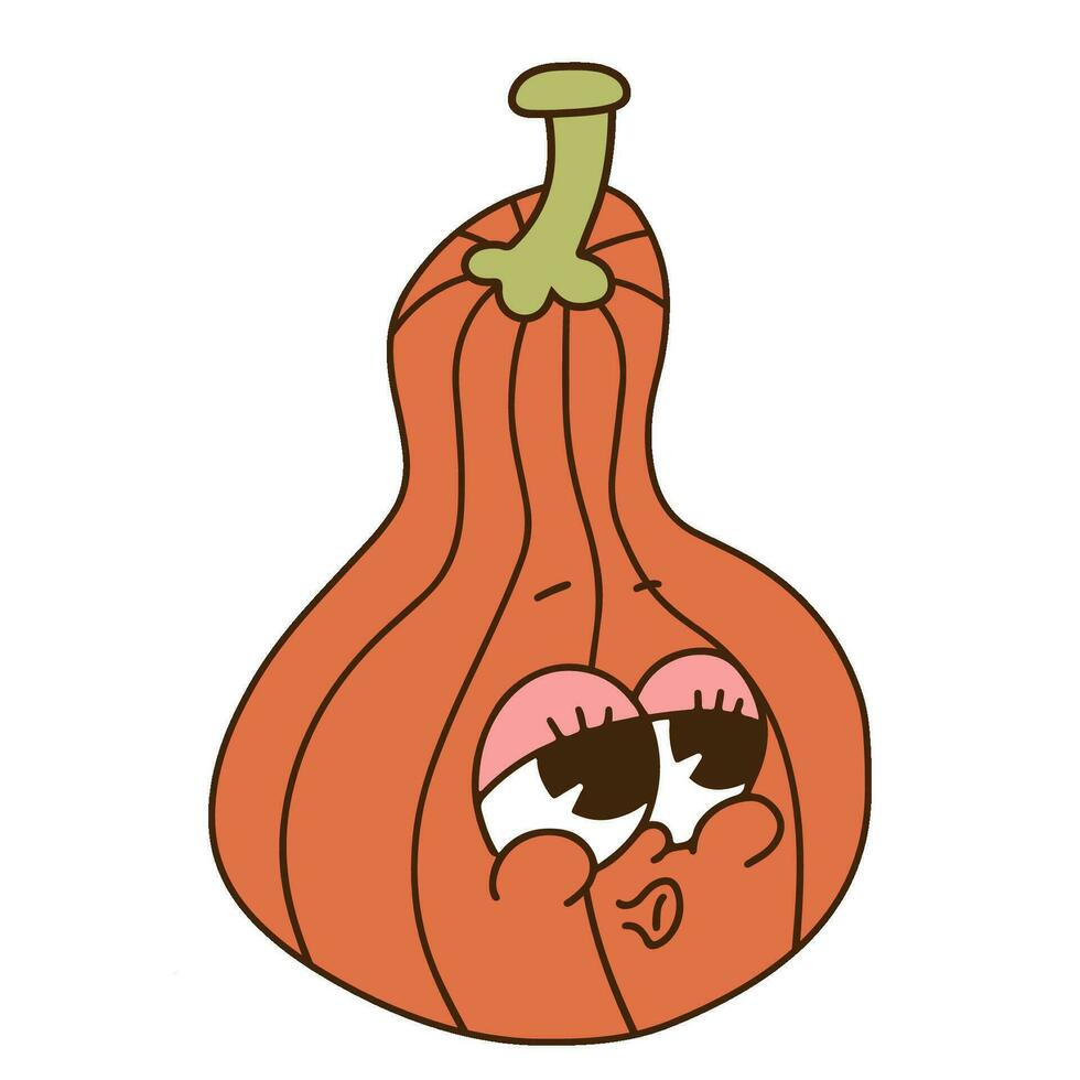 Lovely pumpkin with female face. Retro cartoon mascot. Contour hand drawn vector illustration.