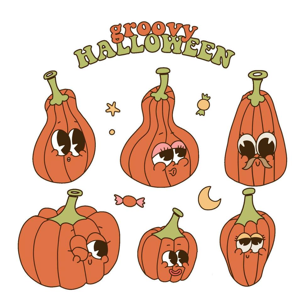 gracioso retro dibujos animados calabaza mascotas, calabazas maravilloso personaje colocar, linda Víspera de Todos los Santos o acción de gracias colocar, gracioso vegetales en retro estilo. contorno 80s-90s retro ilustración. vector