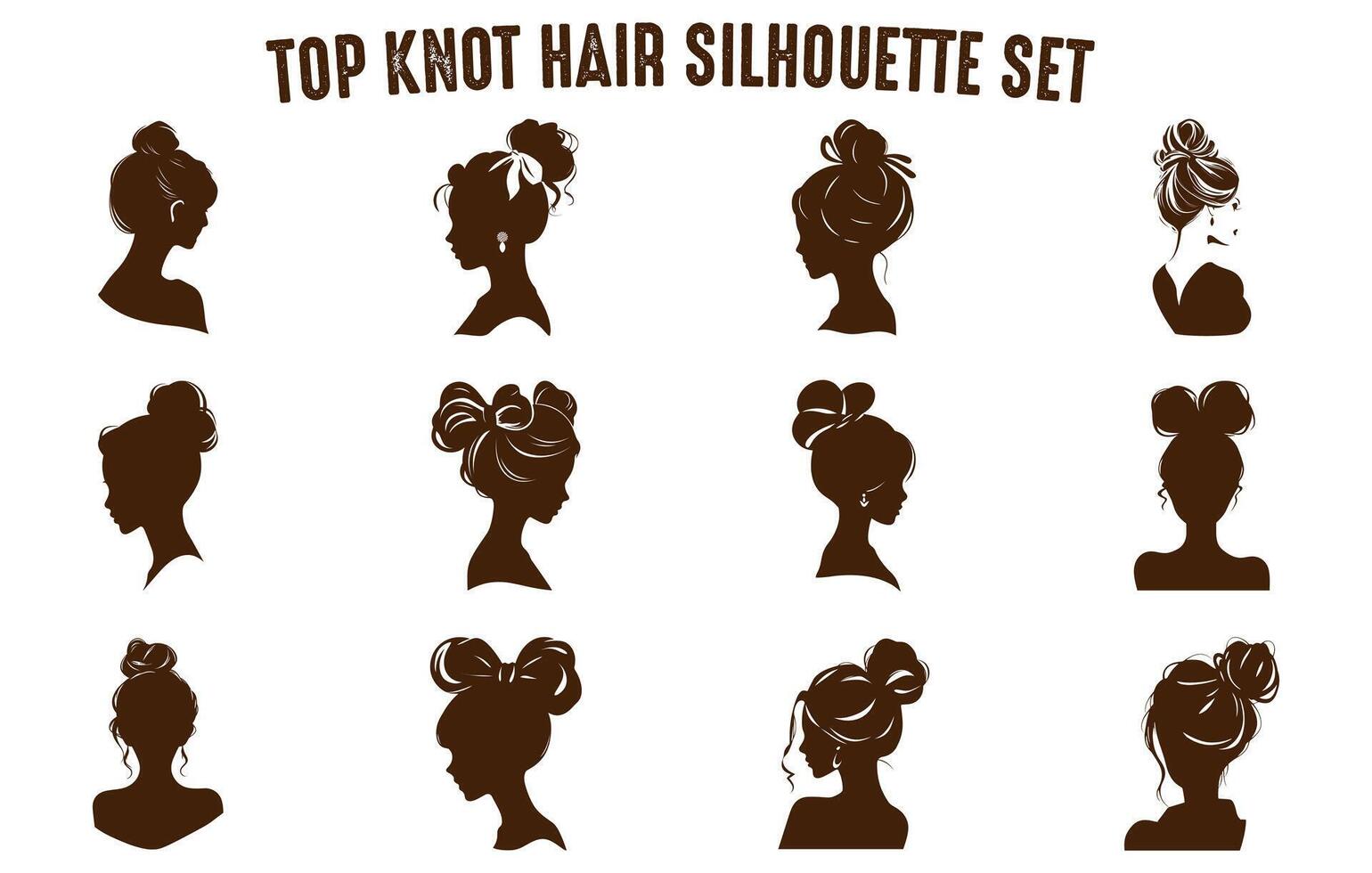 Top Knot Hair Silhouettes Vector set, Girl's hairstyles Silhouettes, women's hair silhouette collection, Hair black silhouettes illustration