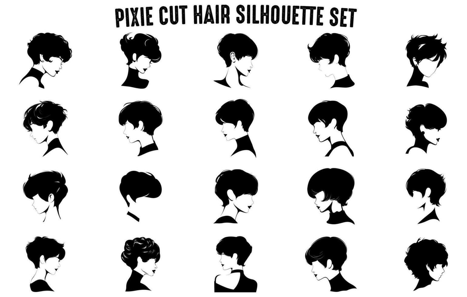 Pixie Cut Hair Silhouettes Vector set, Girl's hairstyles Silhouettes, women's hair silhouette collection, Hair black silhouettes illustration