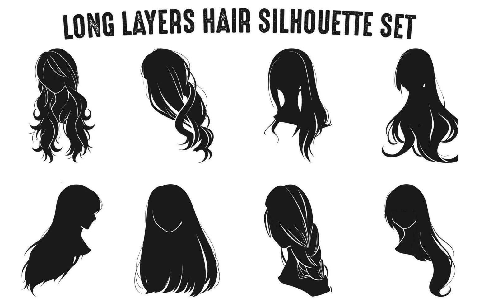 Long Layers Hair Silhouettes Vector set, Girl's hairstyles Silhouettes, women's hair silhouette collection, Hair black silhouettes illustration