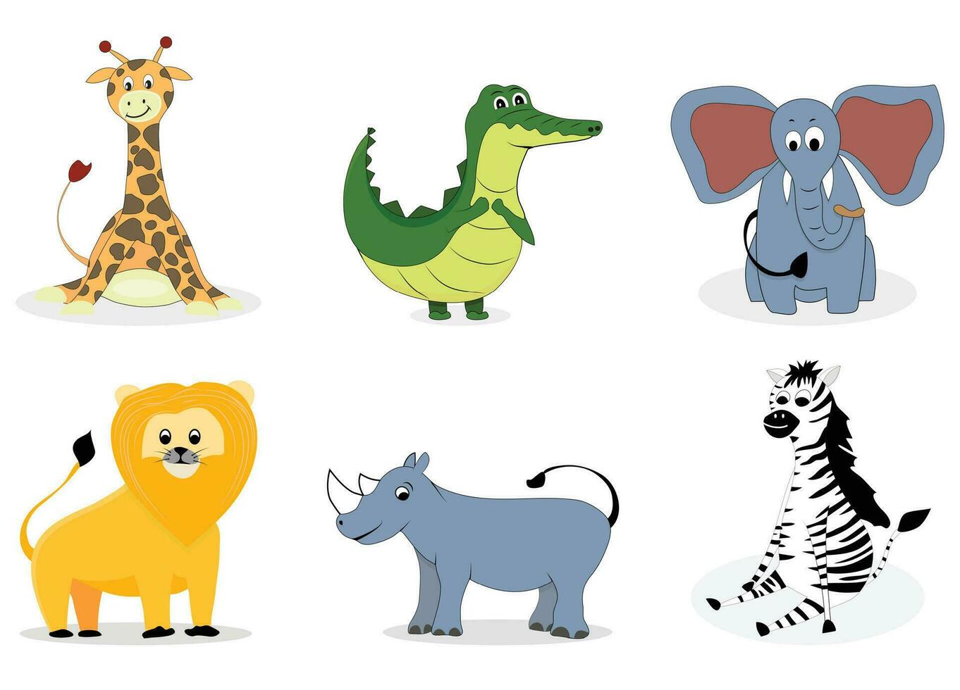 African animals vector cartoon. Giraffe and elephant, crocodile and zebra illustration