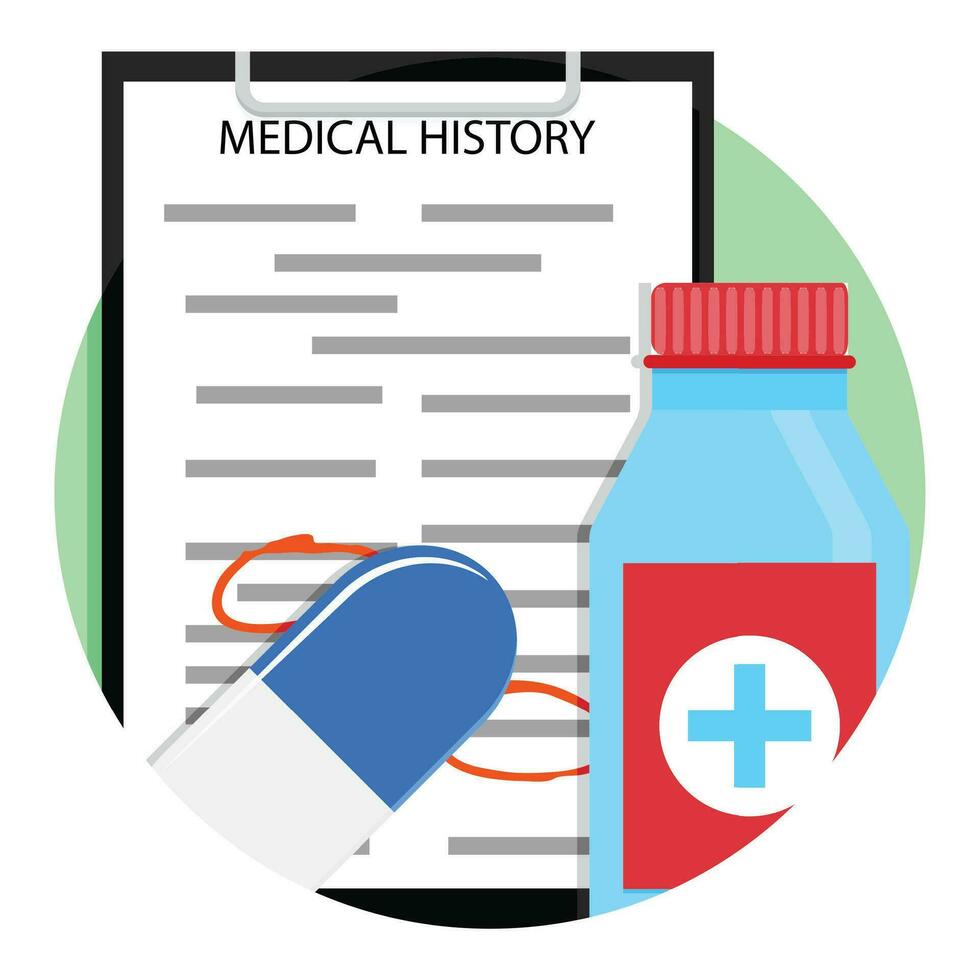 Medical treatment medicine icon. Prescription and diagnosis emblem, vector illustration