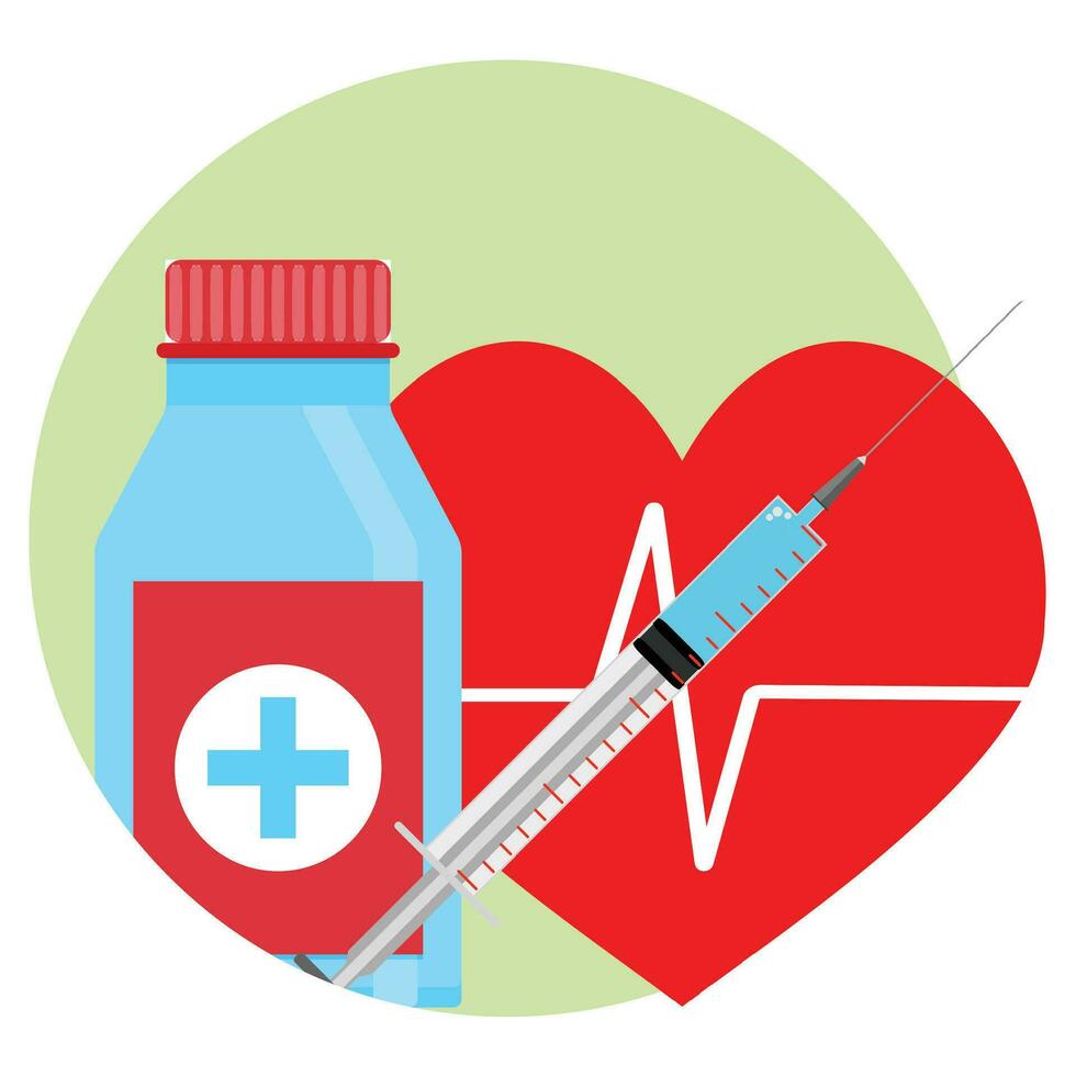 Drugs for heart icon. Tablets and injection, vector illustration. Help and reanimation