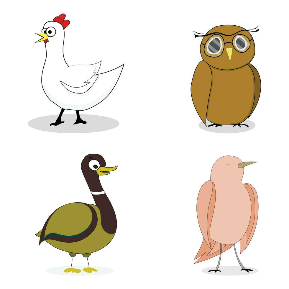 Set of birds vector character duck and chicken, nightingale and owl illustration