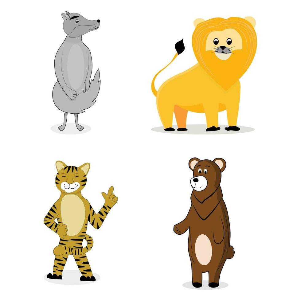Animal cartoon set. African character tiger and lion, bear and wolf. Vector illutration