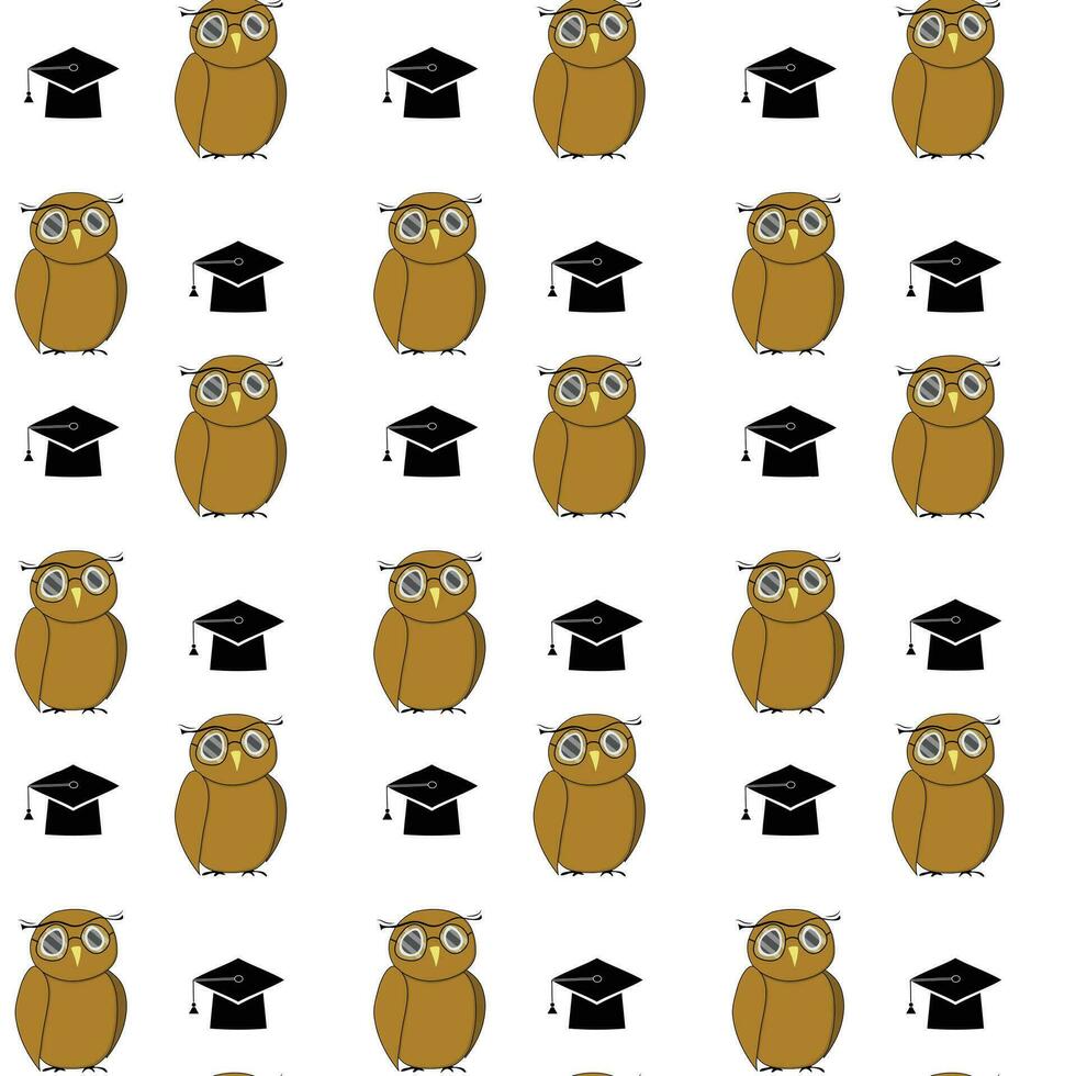 Education pattern woth owl and hat. Intelligent animal bachelor, graduation and education university. Vector illustration