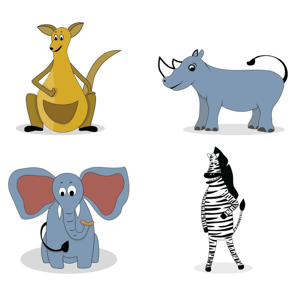 Characters carnivores vector. Kangaroos and rhino, zebra and elephant illustration vector