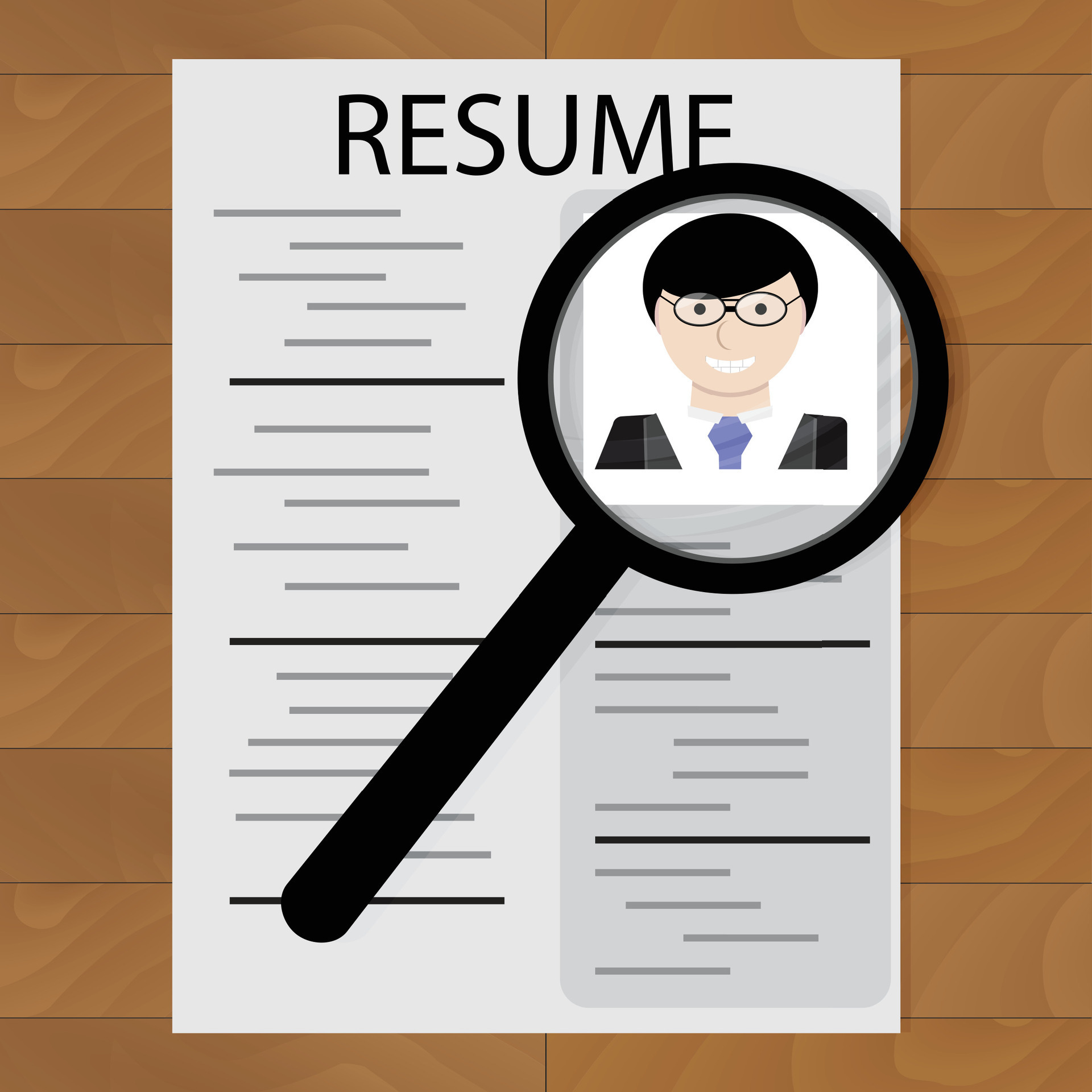 Resume and magnifying glass. Candidate to hr, employee interview