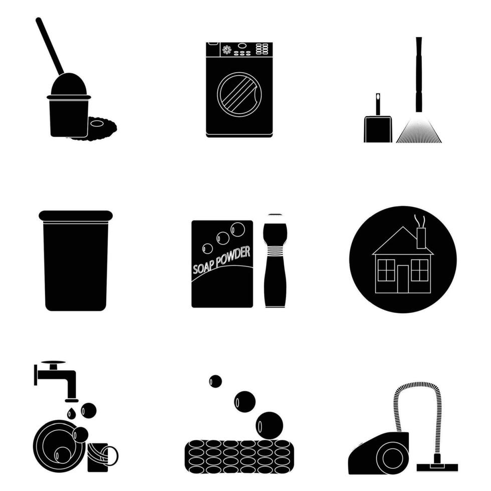 Clean up black set icons. Vacuuming and housework, washing and cleaner. Vector illustration