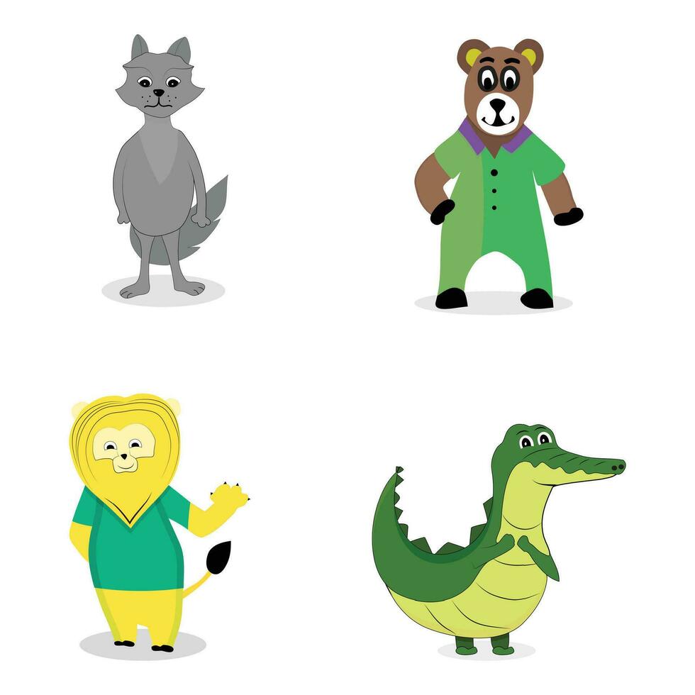 Characters predatory animals. Crocodile and wolf, lion and bear. Vector illustration