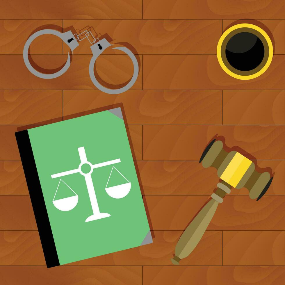 Justice is top view. Handcuffs and book, law and legal illustration vector