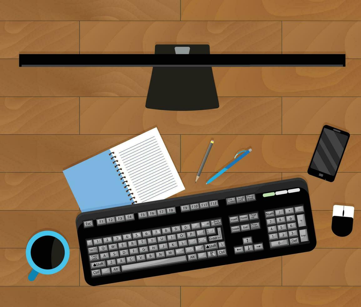 parte superior ver de lugar de trabajo mesa. oficina trabajo escritorio y móvil teléfono. vector ilustración