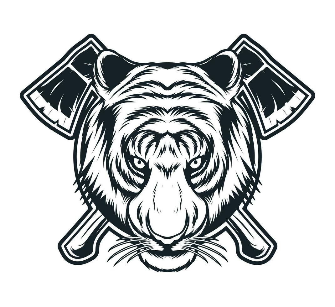 Tigre y cruzar hacha dibujo para Insignia vector