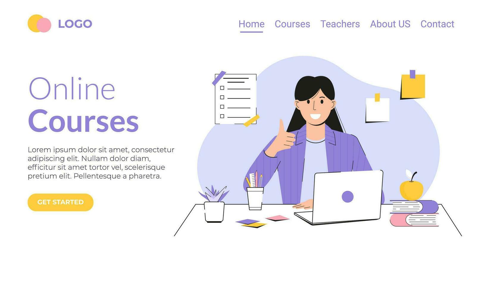 Landing page template online education concept. Happy young woman, with laptop sitting at table. Online courses. Student or freelancer, studying on computer minimalist style. Flat vector illustration