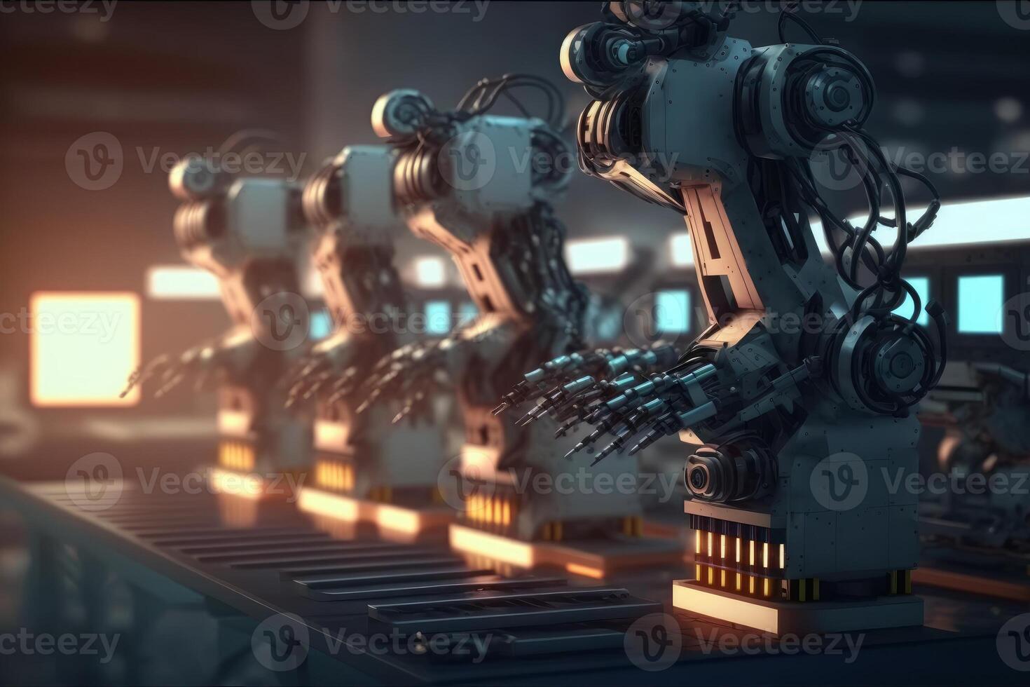 Robotic arms in a factory. Robotics in industry concept. photo