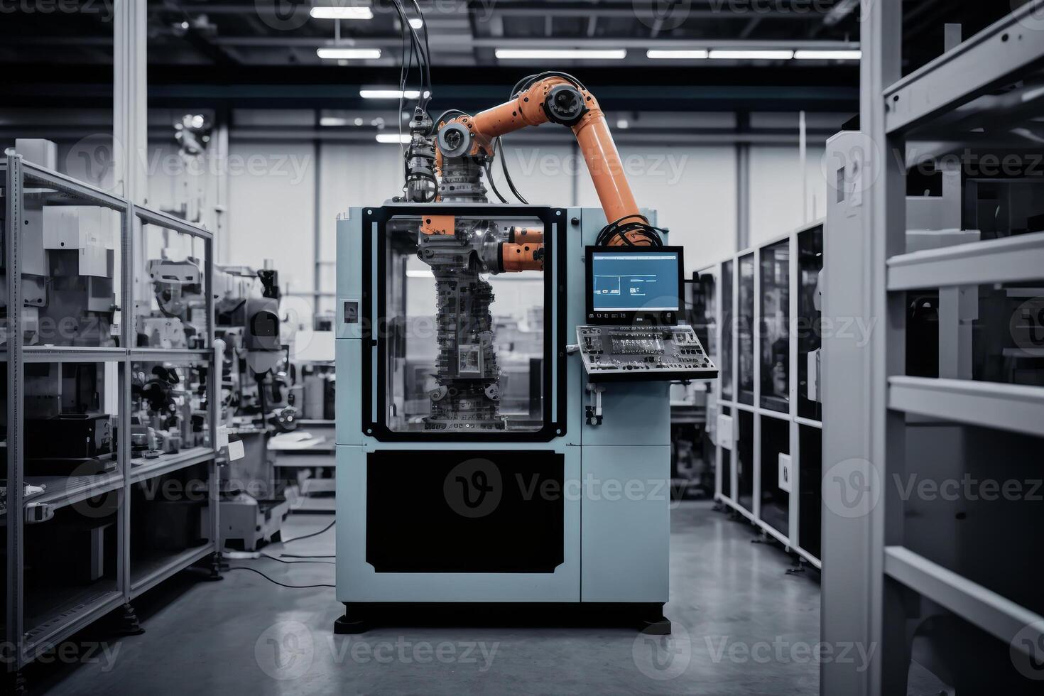 Robotic arms in a factory. Robotics in industry concept. photo