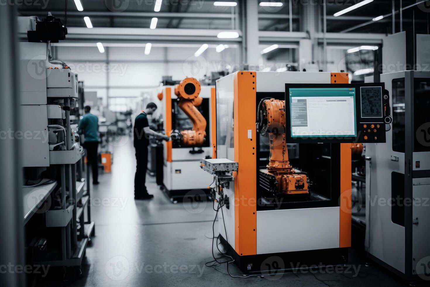 Robotic arms in a factory. Robotics in industry concept. photo
