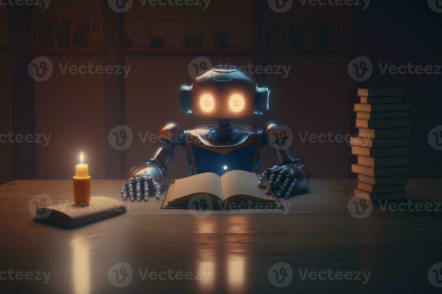 The robot reading a book under candlelight. AI machine learning concept. photo