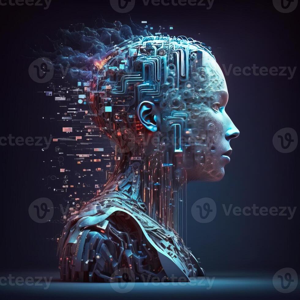 Human face outline outline with circuit board and data flow. Machine learning concept. photo