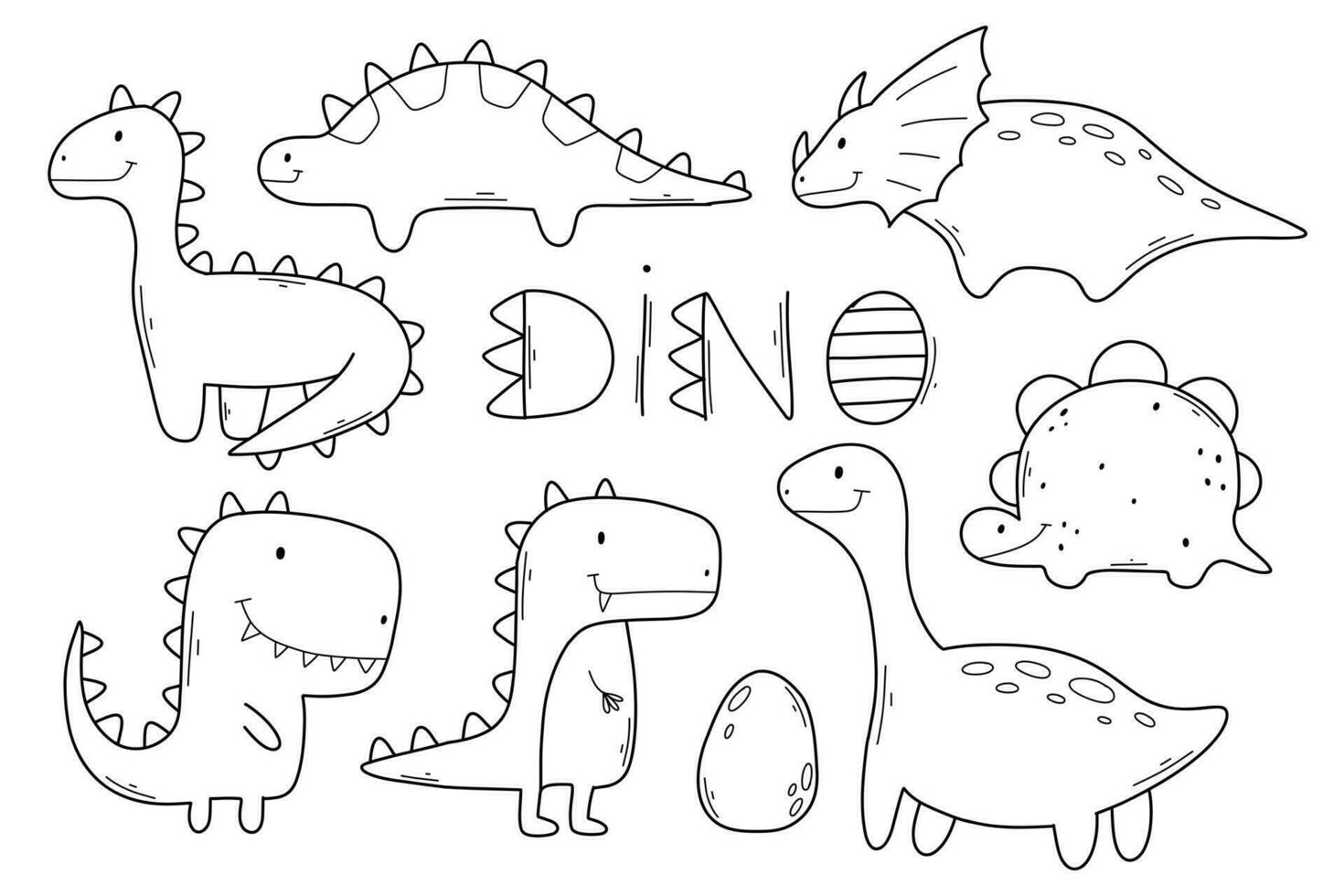 Set of dinosaurs in doodle style. Linear collection of Cute dinos. Vector illustration.