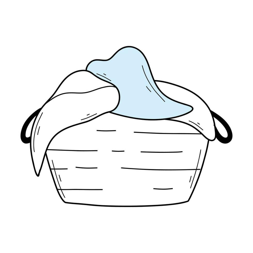 Basket with dirty laundry in doodle style. Linear pile of dirty laundry. Vector illustration.