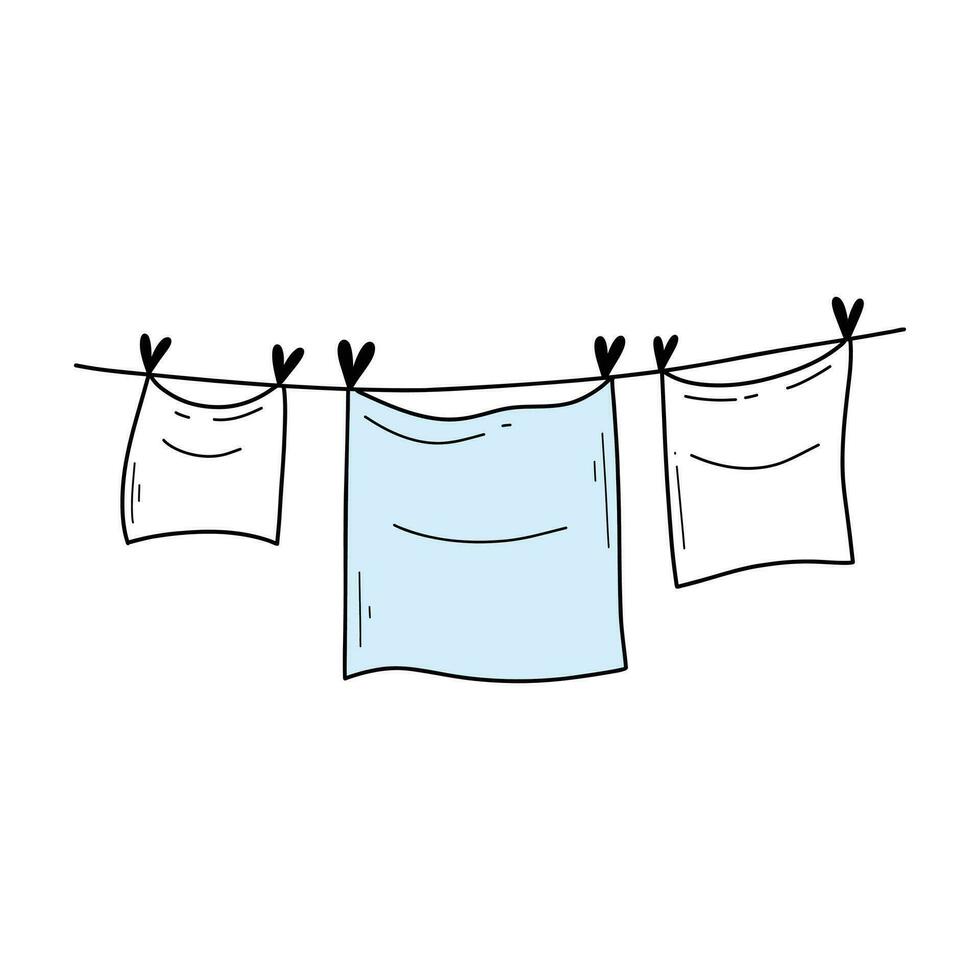 Clothes on a rope in doodle style. Vector illustration. Clean clothes dry on a line.