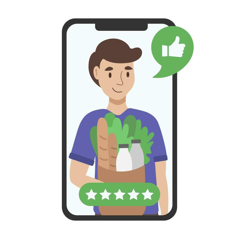 Flat illustration with a character with food and grocery goods in eco packaging in a supermarket on the phone screen. Online shopping and delivery concept. Best quality, positive rating vector