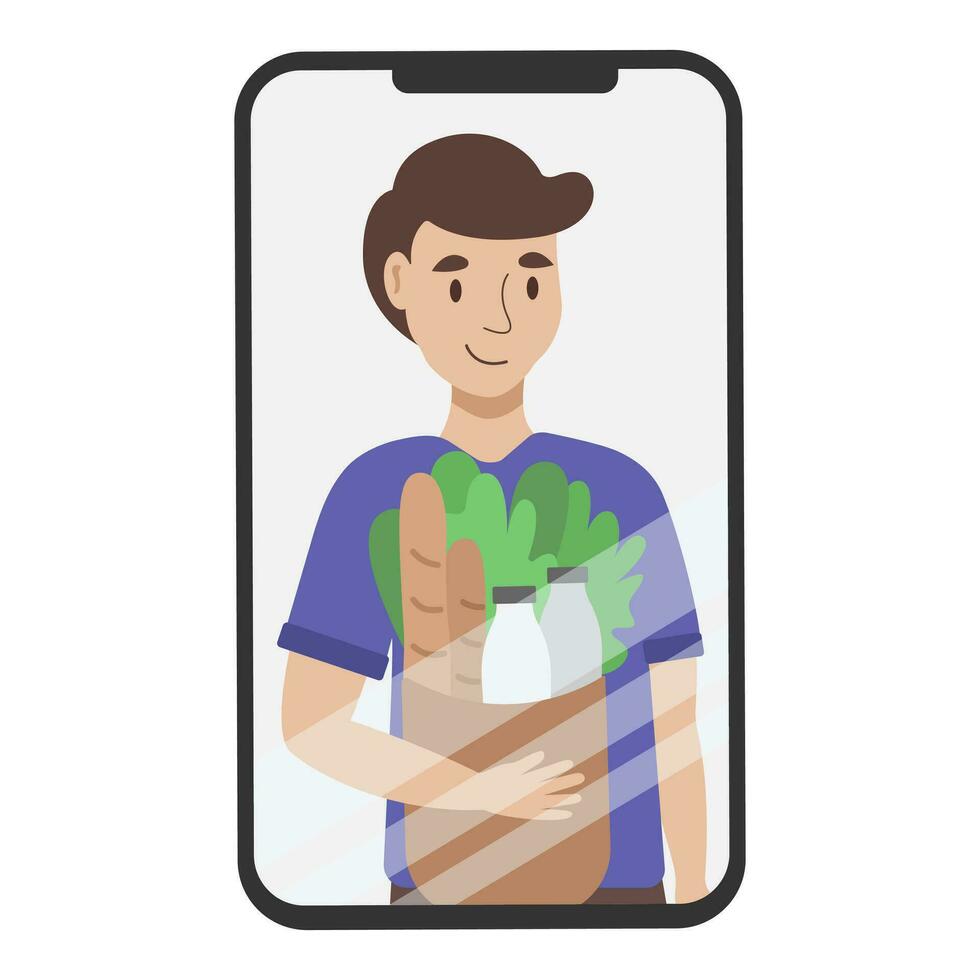 A young male character with food and grocery goods in eco packaging after shopping time in a supermarket. A courier with the purchases on the phone screen. Online shopping and delivery concept. vector