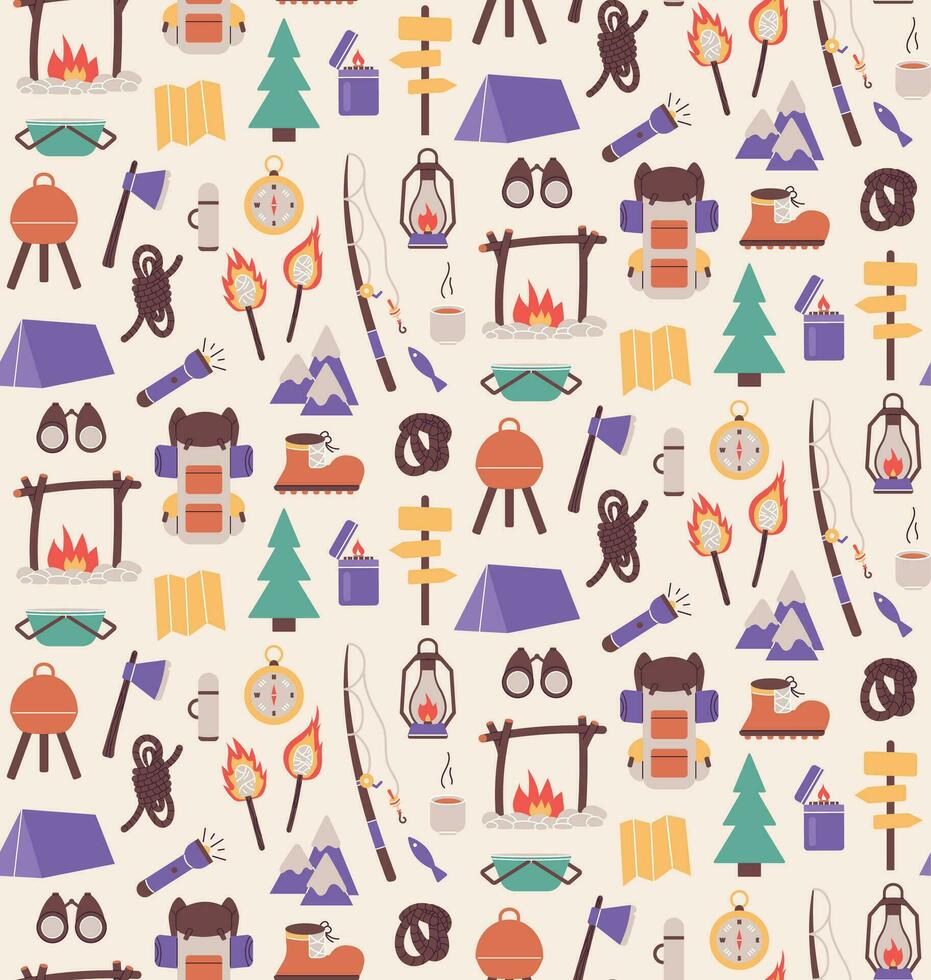 Seamless pattern with things for traveling to the mountains. Fishing and summer camping. Hike with backpacks, rest in the forest. print object stuff design wallpaper. background vector illustration.
