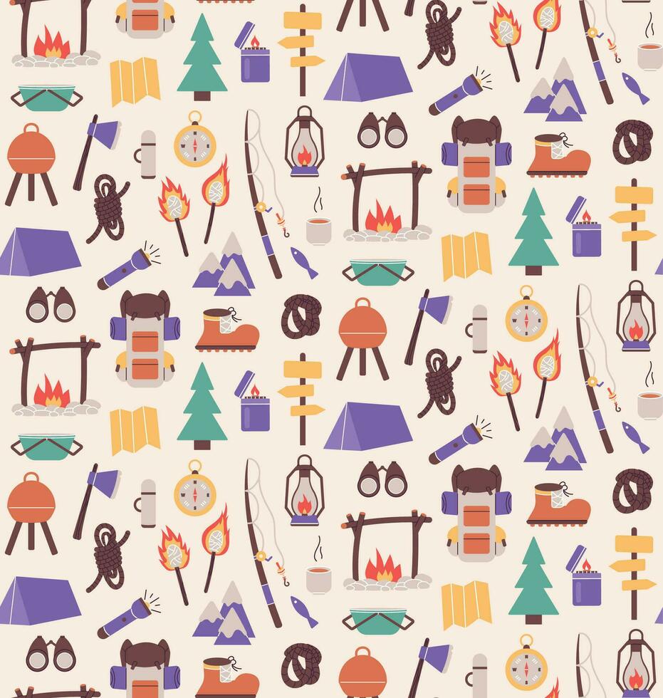 sin costura modelo con cosas para de viaje a el montañas. pescar y verano cámping. caminata con mochilas, descanso en el bosque. impresión objeto cosas diseño fondo de pantalla. antecedentes vector ilustración.