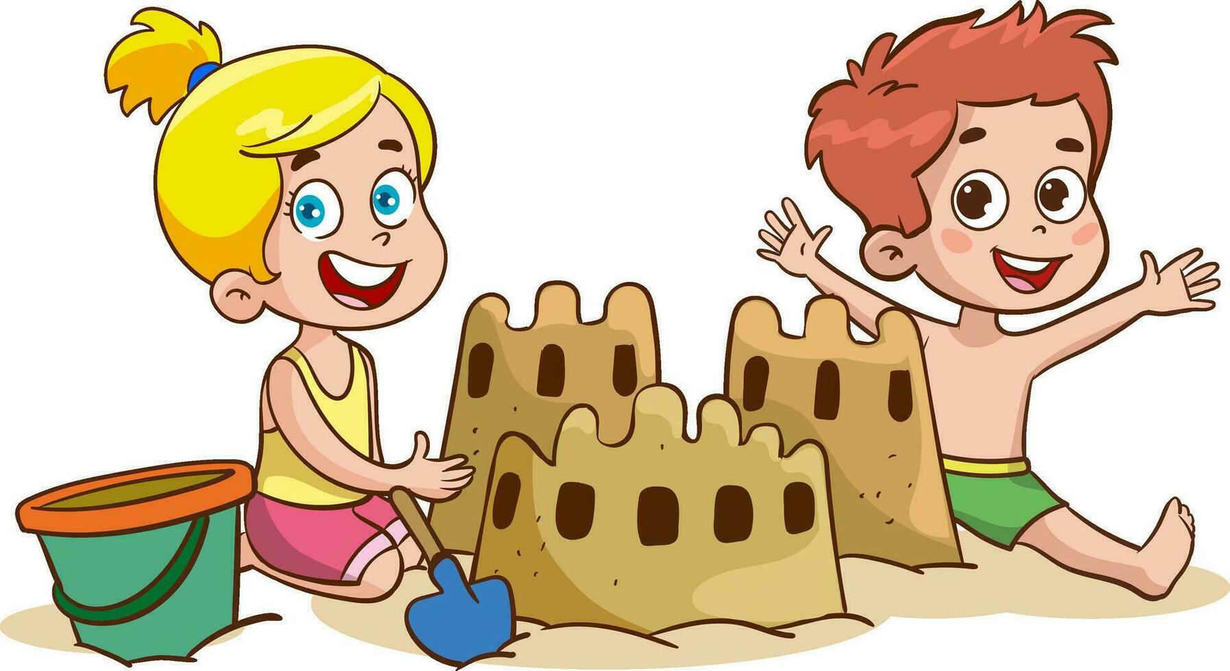 Children making sand castle at the beach vector